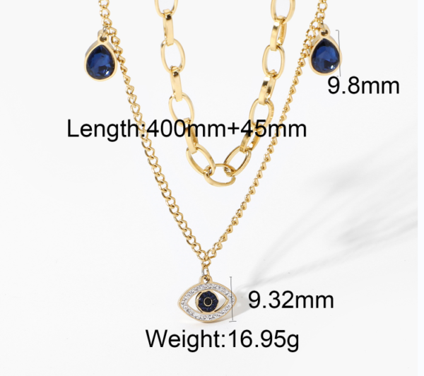 14K Gold Plated Stainless Steel Double Gem Necklace Eye Pendant Women - Image 2